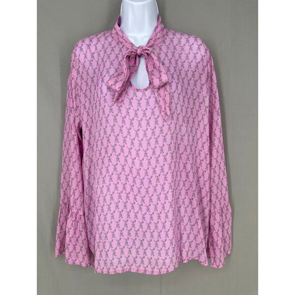 Funky Staff Top Womens Large Pink French Bulldog Print Silk Pullover Tie Neck - Picture 1 of 9